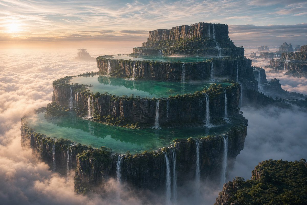 AI生成的梦幻绝景:云海上的层叠湖泊