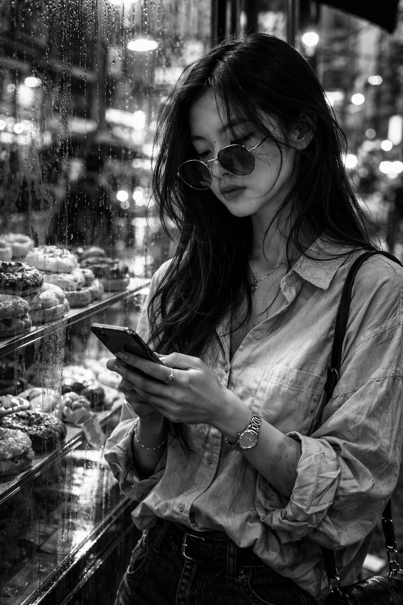 Black-and-White Street Style Candid: Stylish Woman at Bakery
