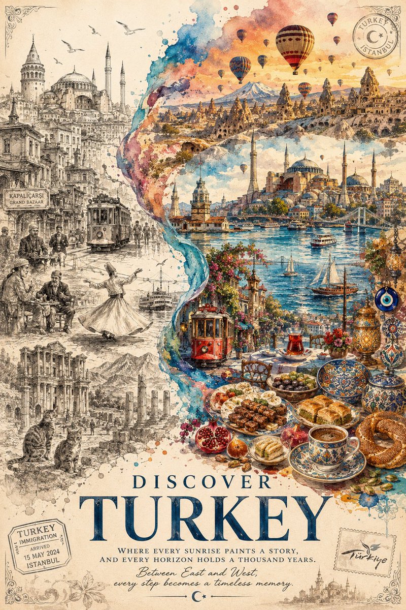 发现土耳其:双世界水彩旅行海报