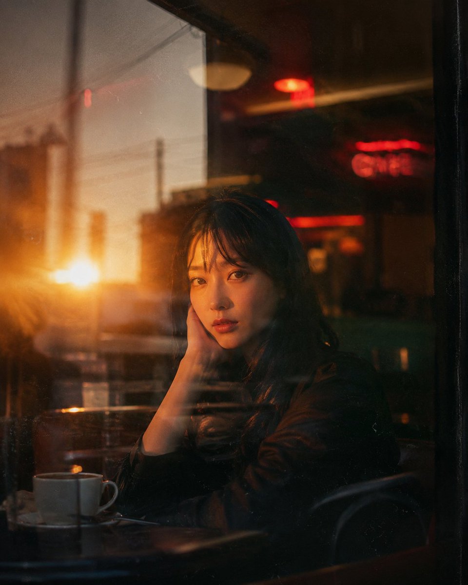Cinematic Golden Hour Portrait at a Vintage Café Window