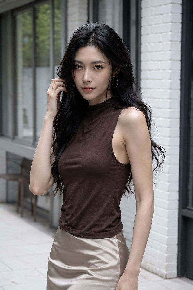 Hyper-Realistic Fashion Portrait: Elegant East Asian Woman in Modern Corridor