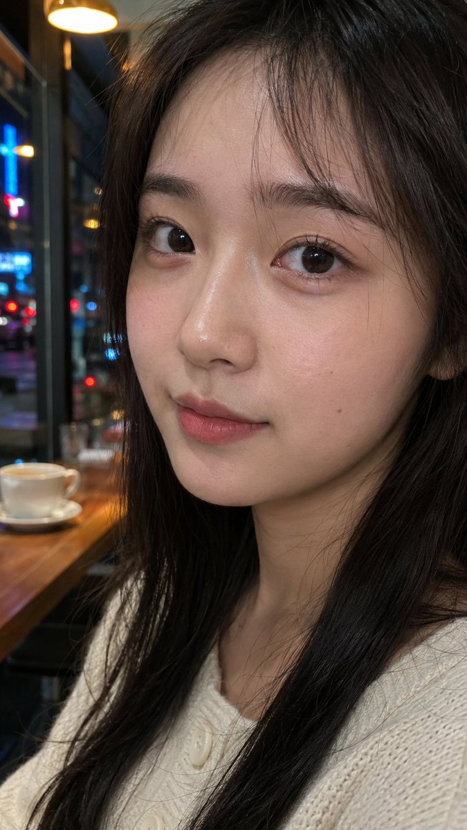 夜晚咖啡馆窗边的东方女性写实肖像