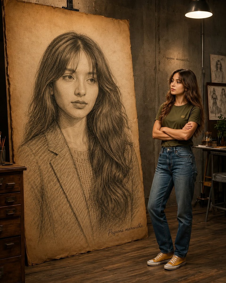 Ultra-Realistic Cinematic Chibi Figurine and Giant Graphite Portrait