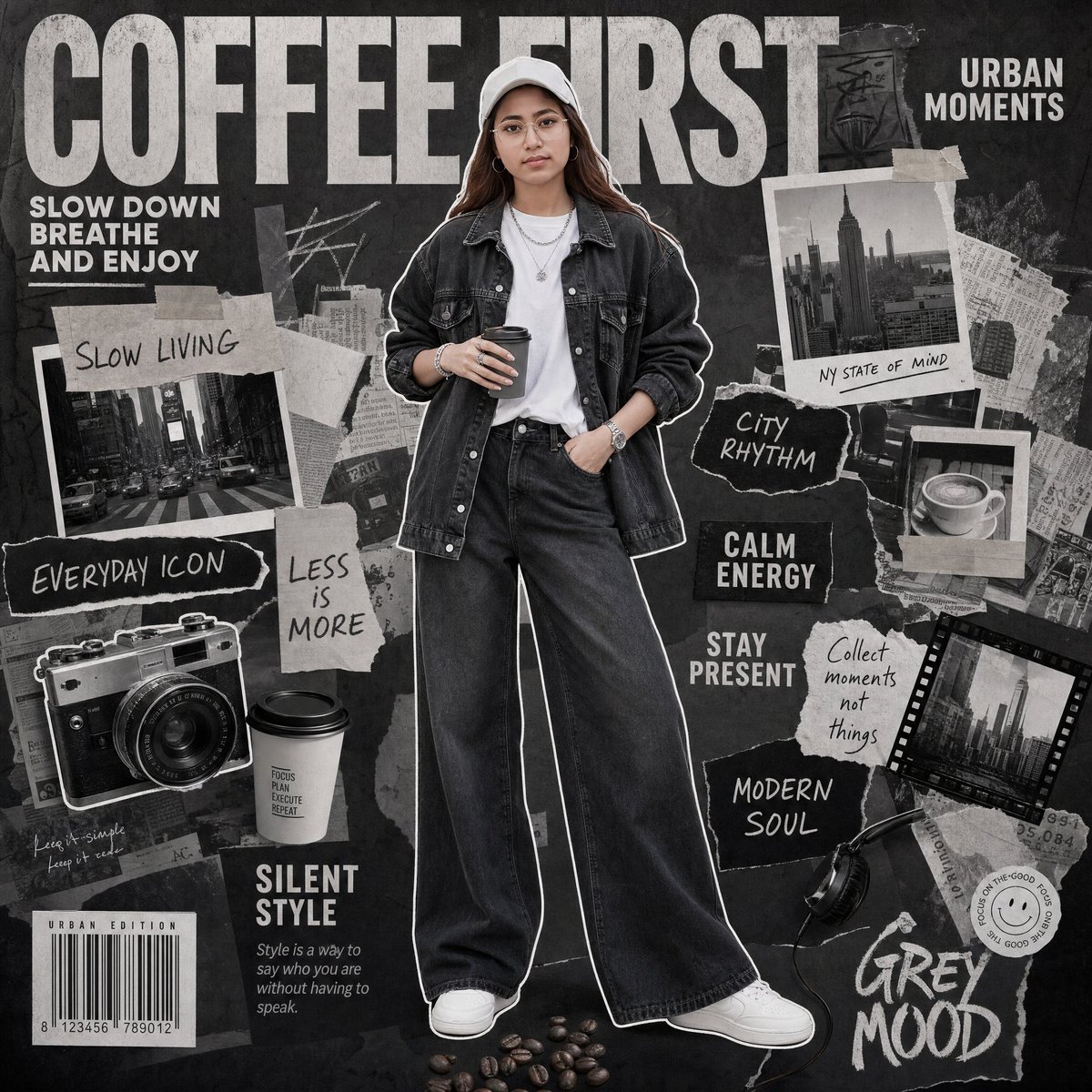 Coffee First: Urban Fashion Monochrome Collage Poster