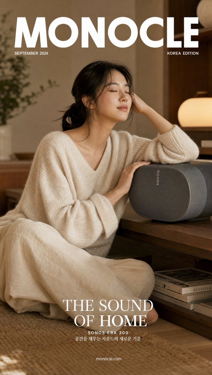 超写实生活方式杂志封面：Sonos Era 300与韩裔女性