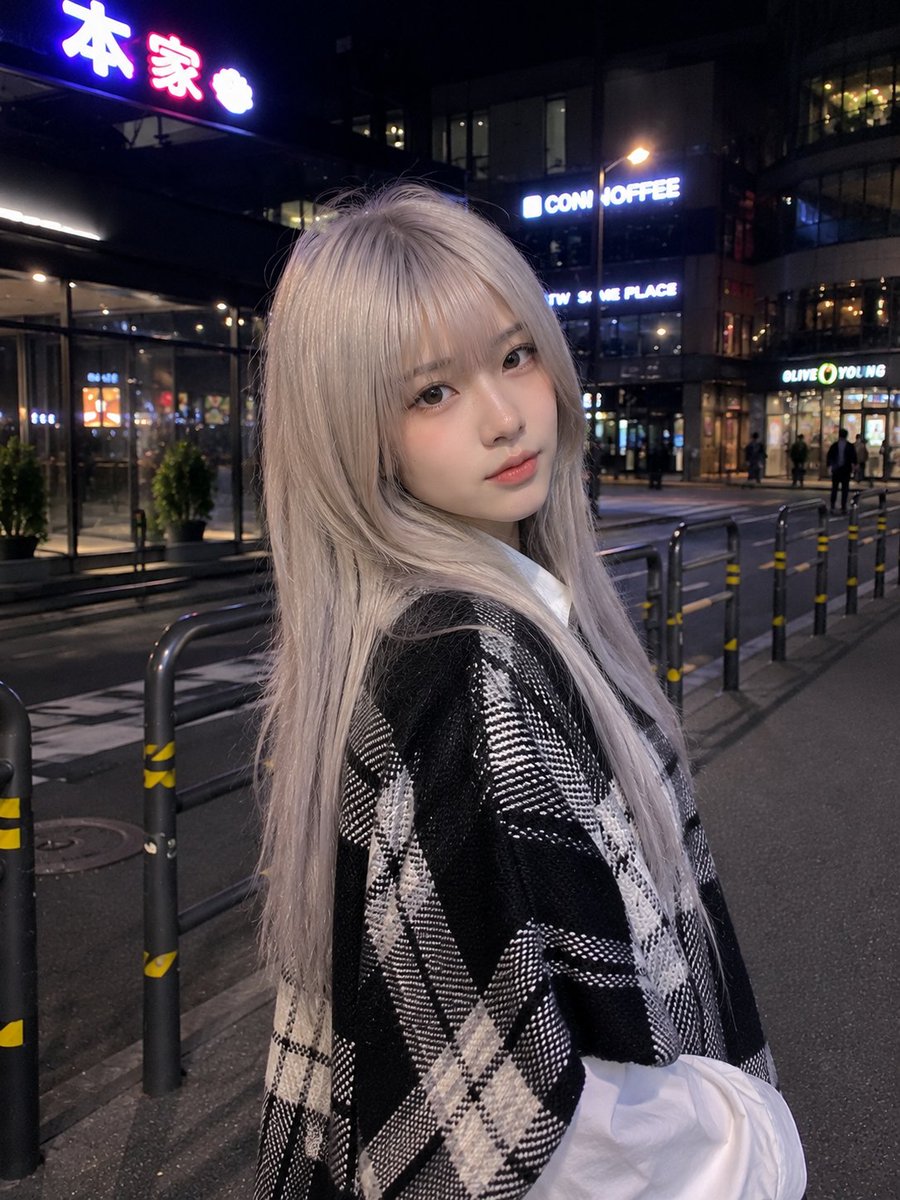 Korean Street Fashion Woman at Night