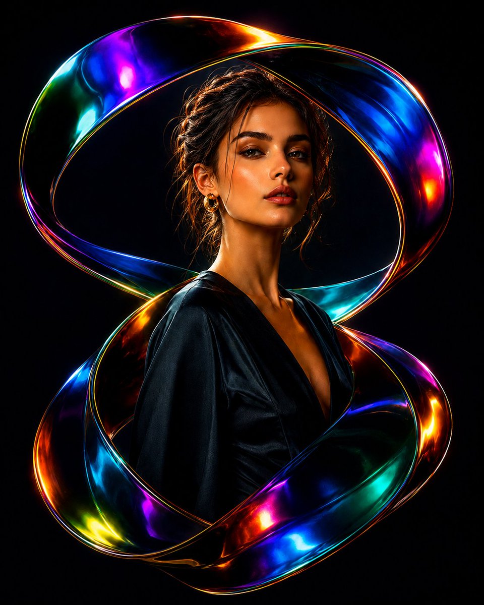 Luxury Portrait in Liquid-Chrome Ribbon