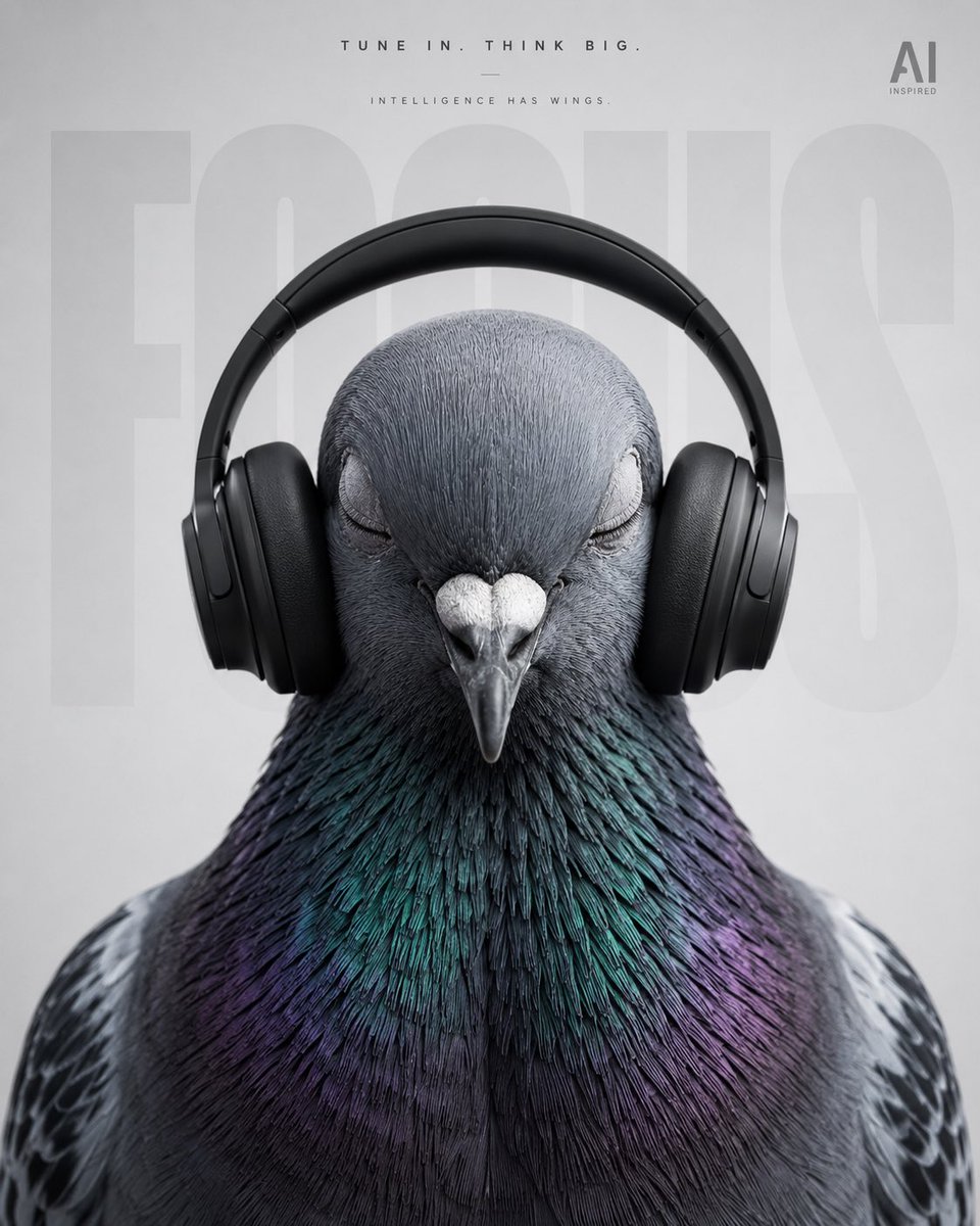 City Pigeon with Headphones: Hyper-Realistic Ad Poster
