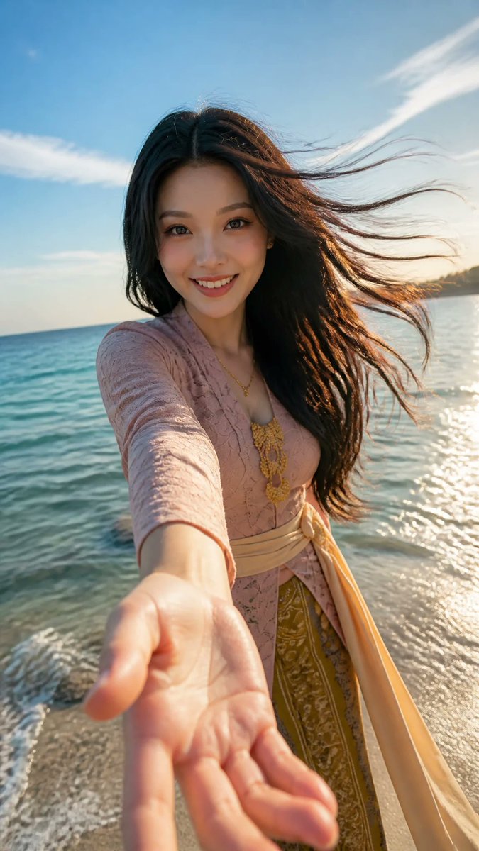 夏日第一人称肖像：东亚女性在海边
