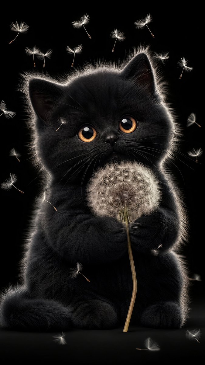 An adorable, ultra-fluffy black kitten with a round, chubby body sitting upright against a pure black background. The kitten has enormous, expressive golden-amber eyes with bright white highlights that convey innocence and wonder. Its fur is incredibly soft and detailed, with delicate rim lighting creating a subtle white-gray glow along the edges of each hair, giving it an ethereal, backlit appearance. The kitten is gently holding a large dandelion seed head (puffball) in its paws, and delicate white dandelion seeds are floating and drifting away into the air around it. The composition captures a whimsical, dreamy moment. The kitten has a small black nose, round face, and plump body with a fluffy tail. Studio lighting with soft rim light creates a glowing outline on the dark fur. The overall mood is magical, tender, and heartwarming. Photorealistic 3D render style with hyper-detailed fur texture, cinematic lighting, kawaii aesthetic, 8k resolution, professional digital art.