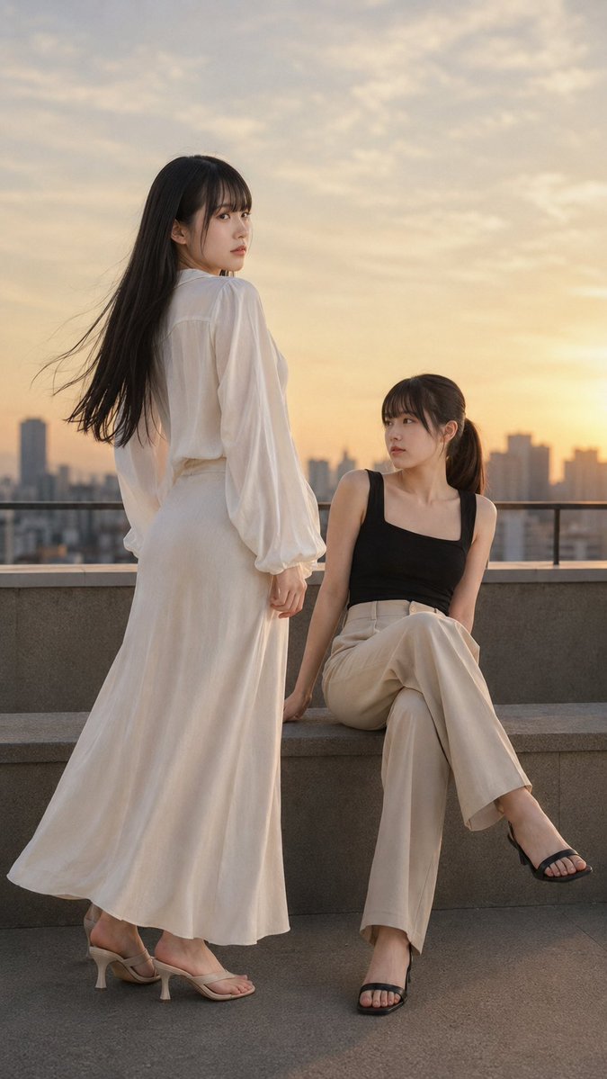 日落街头：两位东亚女性的时尚漫步