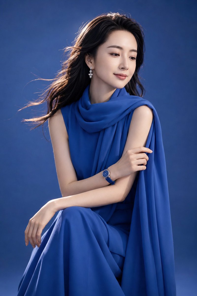 创作一幅写实竖版影棚时尚肖像,模特为一位21岁以上的东亚成年女性,优雅地坐在温暖的赤陶橙色无缝背景前。她位于画面中心略偏右的位置,画面从大腿中部到头部,身体略微侧向观众,脸庞则轻轻转向镜头。她的表情宁静、优雅而自信,眼神温暖而专注,嘴角带着淡淡的微笑,肌肤光滑透亮,眉毛自然,眼线精致,睫毛纤长,腮红淡淡的蜜桃色,唇色是柔和的珊瑚粉色。
她拥有一头蓬松的黑色长卷发,自然垂落在肩背。头发随风轻拂,偏向画面左侧,几缕碎发和细碎的毛躁营造出动感,并捕捉到影棚的闪光。
她身着一件优雅的宝蓝色无袖垂褶长裙或连体裤,领口处饰有柔软的围巾式领口,随意地环绕颈部,自然垂落于一侧肩头。面料光滑飘逸,哑光缎面或雪纺质感,呈现浓郁的钴蓝色,褶皱优美,层叠的垂坠感如瀑布般倾泻而下,覆盖在她坐姿的身上。整套服装应展现精致、优雅和奢华的时尚大片气质。
她的姿态放松而沉稳:她端坐,一条腿抬起,一只手臂轻轻搭在膝盖上,另一只手自然地搭在面料上。一只手腕上佩戴着与服装颜色相配的蓝色腕表,搭配蓝色表带和金属表壳,再配上闪亮的钻石状垂坠耳环,增添精致奢华的点缀。
背景是一面简洁的暖色调陶土橙色摄影棚墙面,色调过渡柔和,没有任何杂物。灯光应柔和均匀,从左前方照射,在她脸部、头发、肩膀、手臂、耳环、腕表和蓝色面料的褶皱处营造出柔和的高光。运用微妙的阴影勾勒出轮廓,同时保持画面明亮、干净和精致的氛围。
风格:写实影棚时尚摄影,成人模特,宝蓝色垂褶无袖礼服,飘逸的黑色长发,赤陶橙色背景,优雅的坐姿,奢华耳环,蓝色腕表,柔和的直视,精致的时尚美妆灯光,逼真的肌肤纹理,清晰的织物细节,高细节,竖幅比例,无文字,无水印,无标志,无其他人物,无扭曲的人体结构,无卡通风格,无刺眼闪光灯,无杂物。