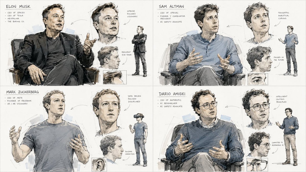 AI Leaders Character Sketch Sheet: Musk, Altman, Zuckerberg, Amodei
