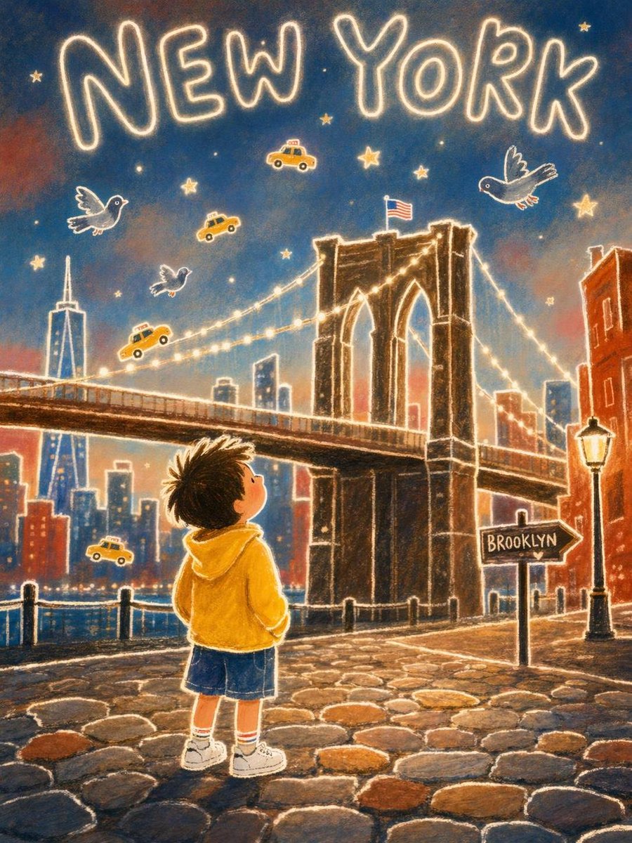New York Meets Paris: Dreamy Children's Storybook Style Poster