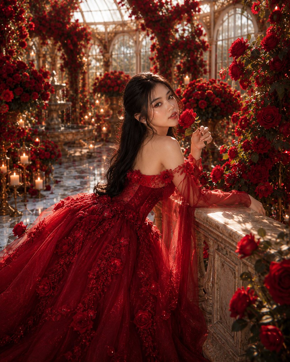 Indonesian Red Rose Goddess in Victorian Greenhouse