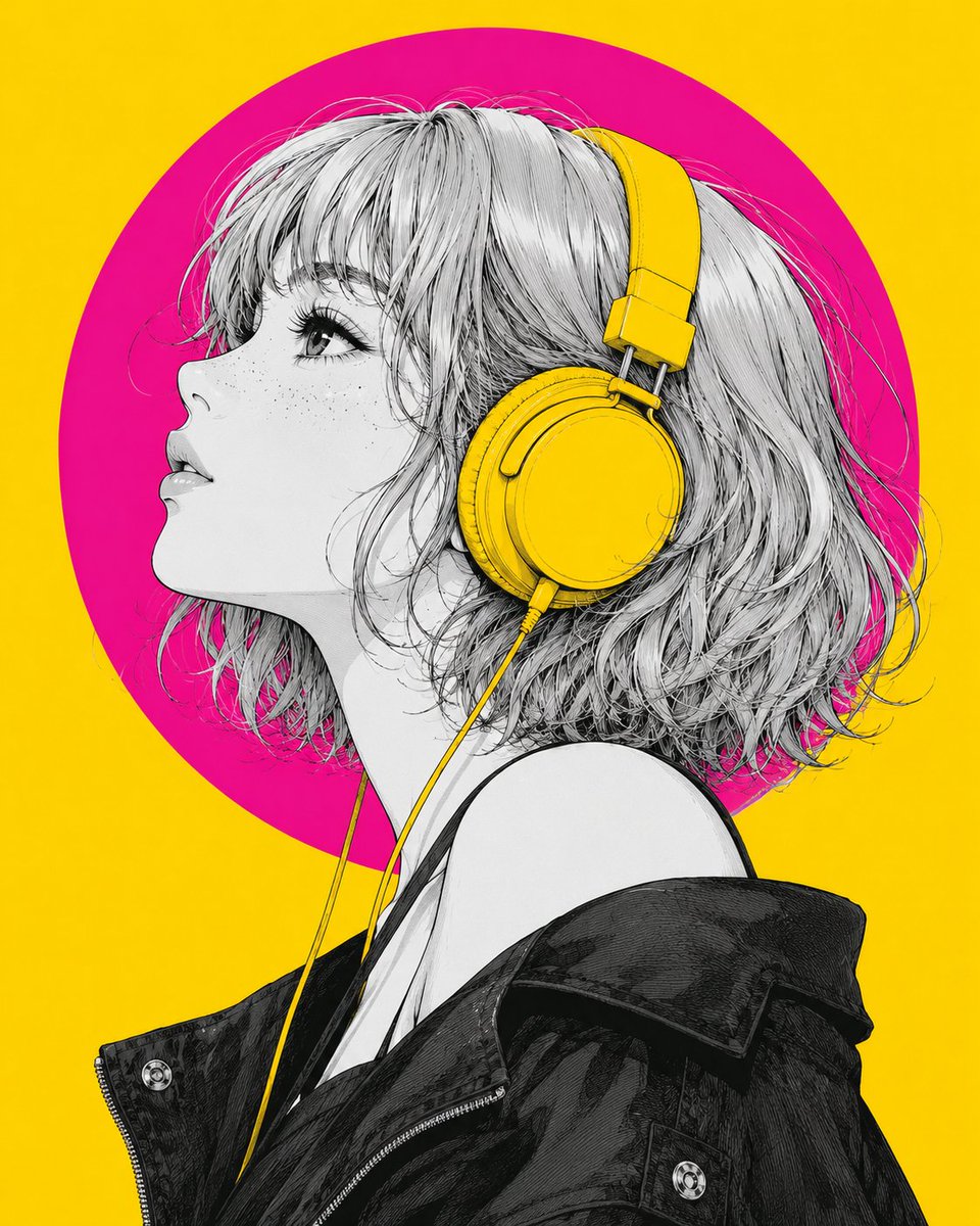 Modern Anime Portrait: Silver Bob Girl with Yellow Headphones