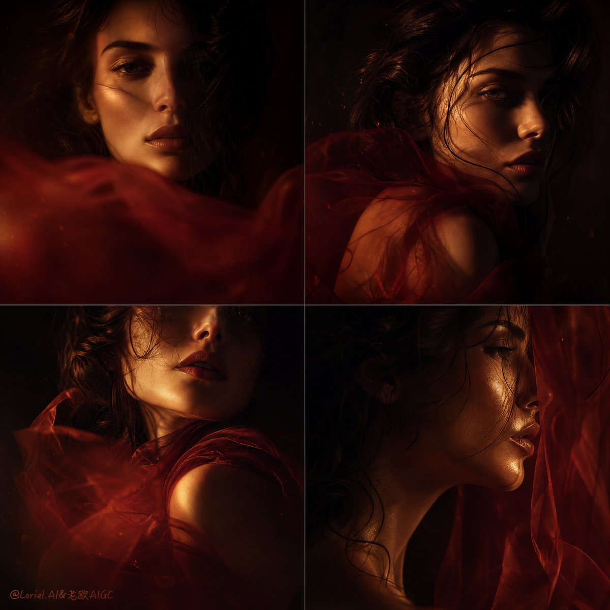Burning Haze Fragments: Four-Panel Velvet Portrait