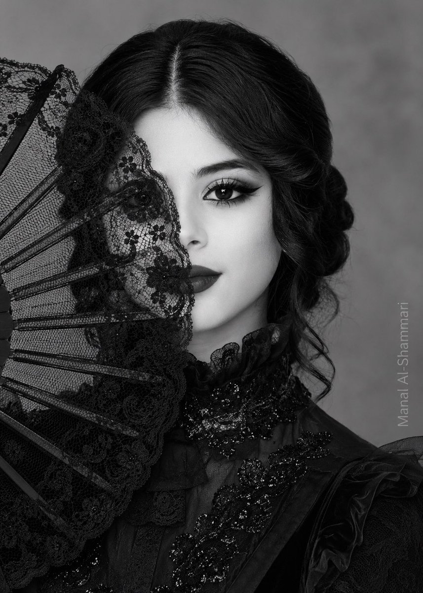 Black and White Portrait: Mysterious Girl with Lace Fan