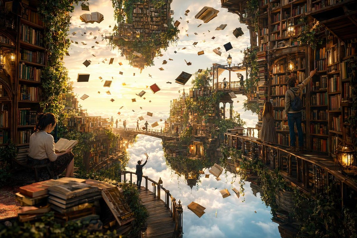 Floating Library Above the Clouds: Magical Reading at Golden Hour