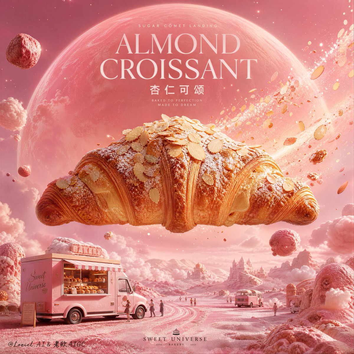Almond Croissant Dreamy Pink Cosmic Bakery Advertising Poster
