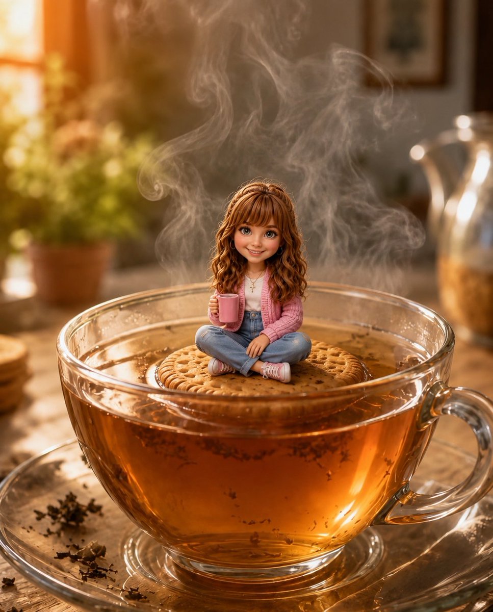 Ultra-Realistic Macro Photo of Mini Chibi Character in Teacup