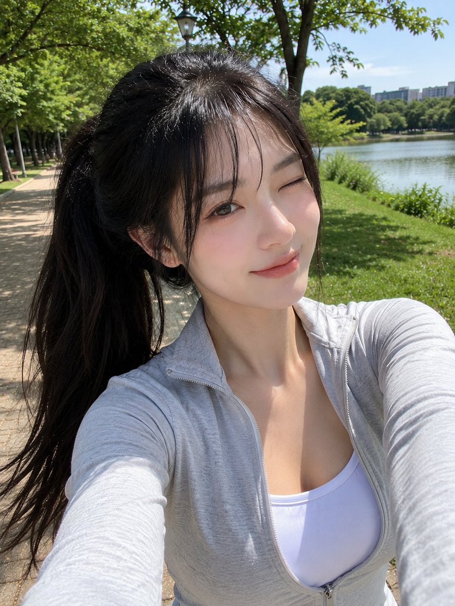 超逼真智能手机自拍：公园中的东亚女性