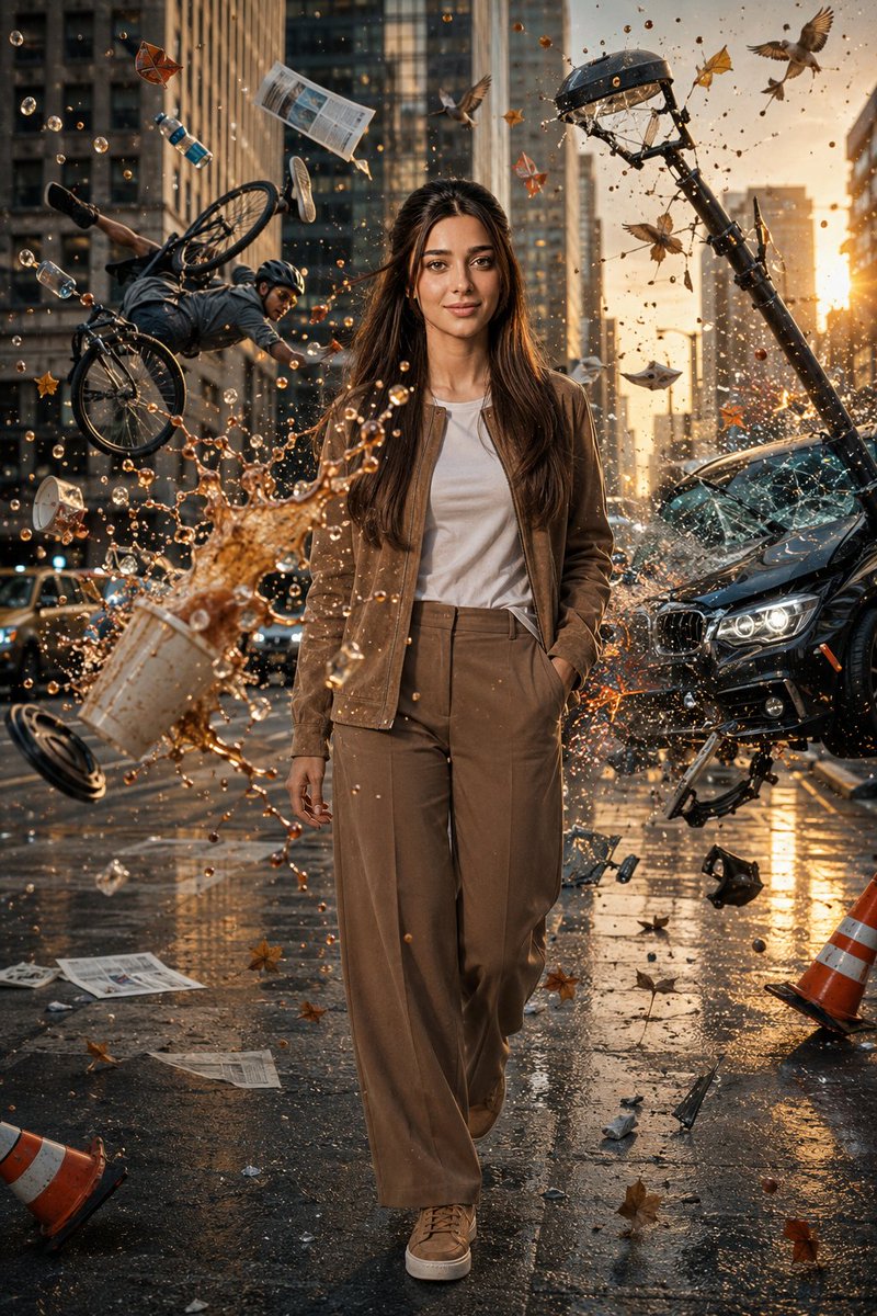子弹时间:城市冻结中的自信女性