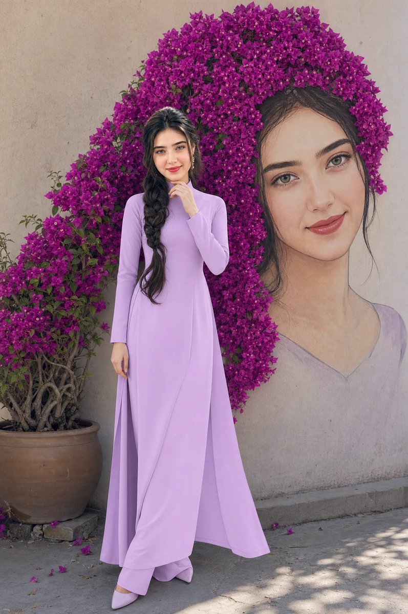 Dior-Style Fashion Editorial: Purple Ao Dai with Bougainvillea Hair Mural