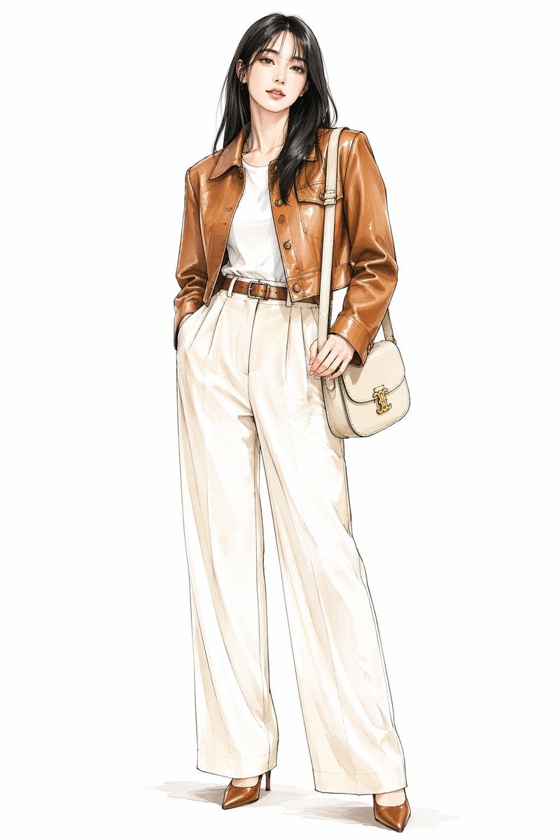 Fashion Illustration: Elegant Outfit with Brown Leather Jacket and Cream Wide-Leg Trousers