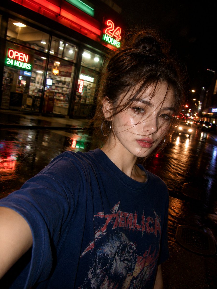 Rainy Night Street Selfie in Front of a Convenience Store