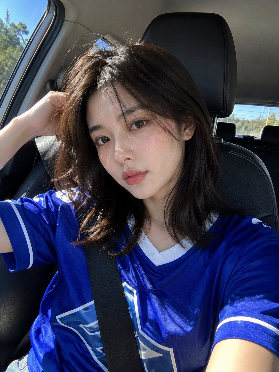 Ultra-Realistic Smartphone Selfie: East Asian Woman in Car with Sunlight