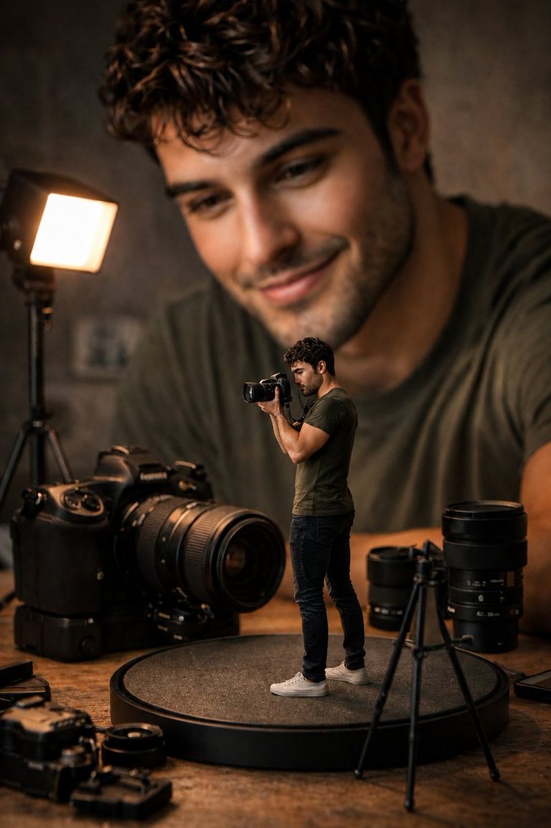 Hyper-realistic Cinematic Scene of a Miniature Photographer in His Studio