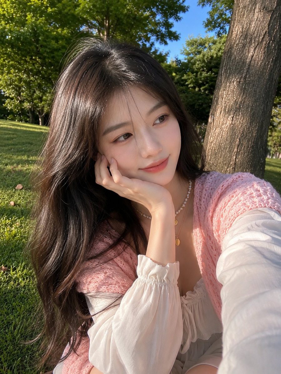 智能手机自拍:公园中的东亚女性