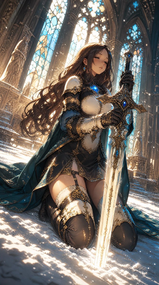 Artistic Style:
High-quality two-dimensional fantasy illustration, blending Japanese thick painting and light realism, advanced game CG concept art style, exquisite character illustrations, cinematic lighting, ultra-high detail, soft and airy, dreamy epic fantasy world, medieval fantasy (High Fantasy), combining anime aesthetics with realistic material expression. Female character features: prominent upper body curves, narrow waistline, plump figure, S-curve, full contour, mature, long legs.
Generate the following content:
A female paladin kneels in the center of a grand cathedral covered in snow, depicted in a 3/4 side view, holding a holy sword in both hands as she prays. She has smooth, deep brown long hair that naturally falls to her waist, adorned with blue gemstone earrings. Her white and black knight's outfit features intricate golden embroidery and metal armor, with a glowing blue crystal embedded on her chest. Elaborately carved decorations are visible on her shoulder armor,
