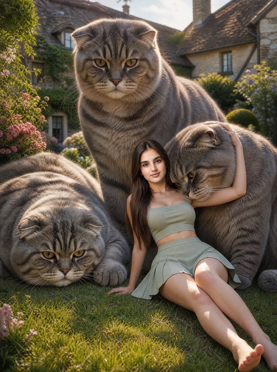 巨型苏格兰折耳猫与花园中的女性