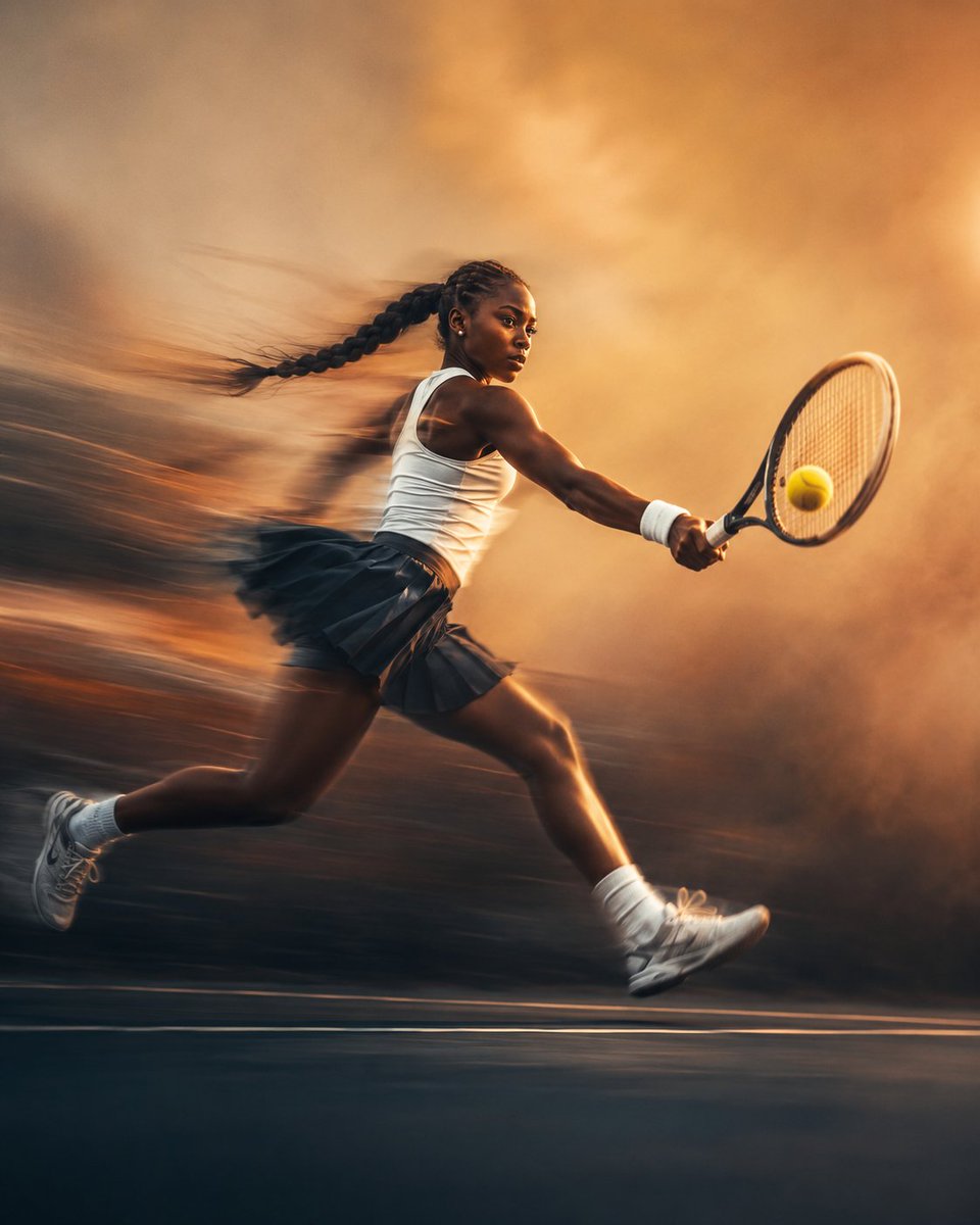 Cinematic Vertical Sports Photo: Black Female Tennis Player Forehand