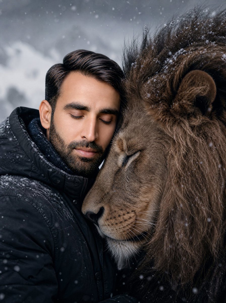 Tender Moment Between Man and Lion