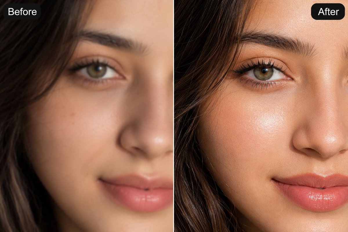 AI Skin Retouch Before/After: Extreme Close-Up Split-Screen Demo