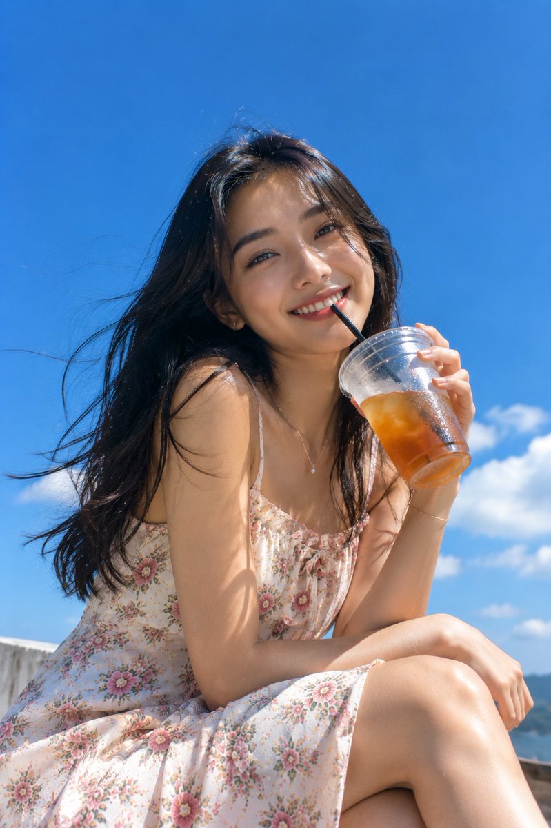 Indonesian Girl Sipping Iced Tea Summer Candid