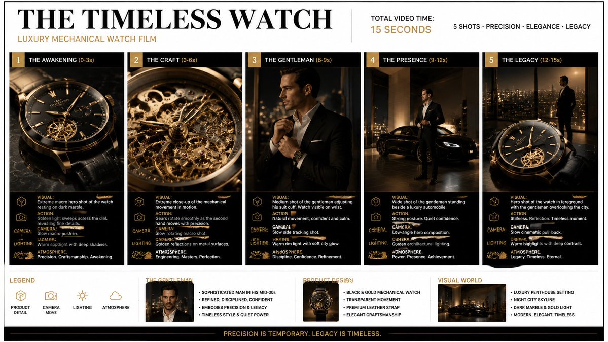 The Timeless Watch Luxury Advertisement Storyboard and 15s Cinematic Product Video Prompt