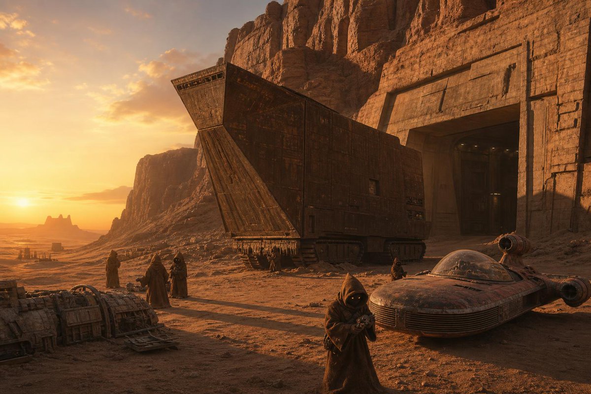 A cinematic, photorealistic digital painting of a sweeping desert canyon on Tatooine at golden dusk, where a massive, blocky McQuarrie-style sandcrawler rests half-buried beside an angular cliffside hangar, while robed Jawas and a weathered landspeeder cast long shadows across the windswept dunes.